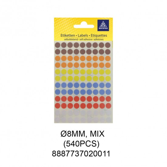 MAYSPIES MS008M COLOUR DOT LABEL / 5 SHEETS/PKT / 540PCS / ROUND 8MM MIX